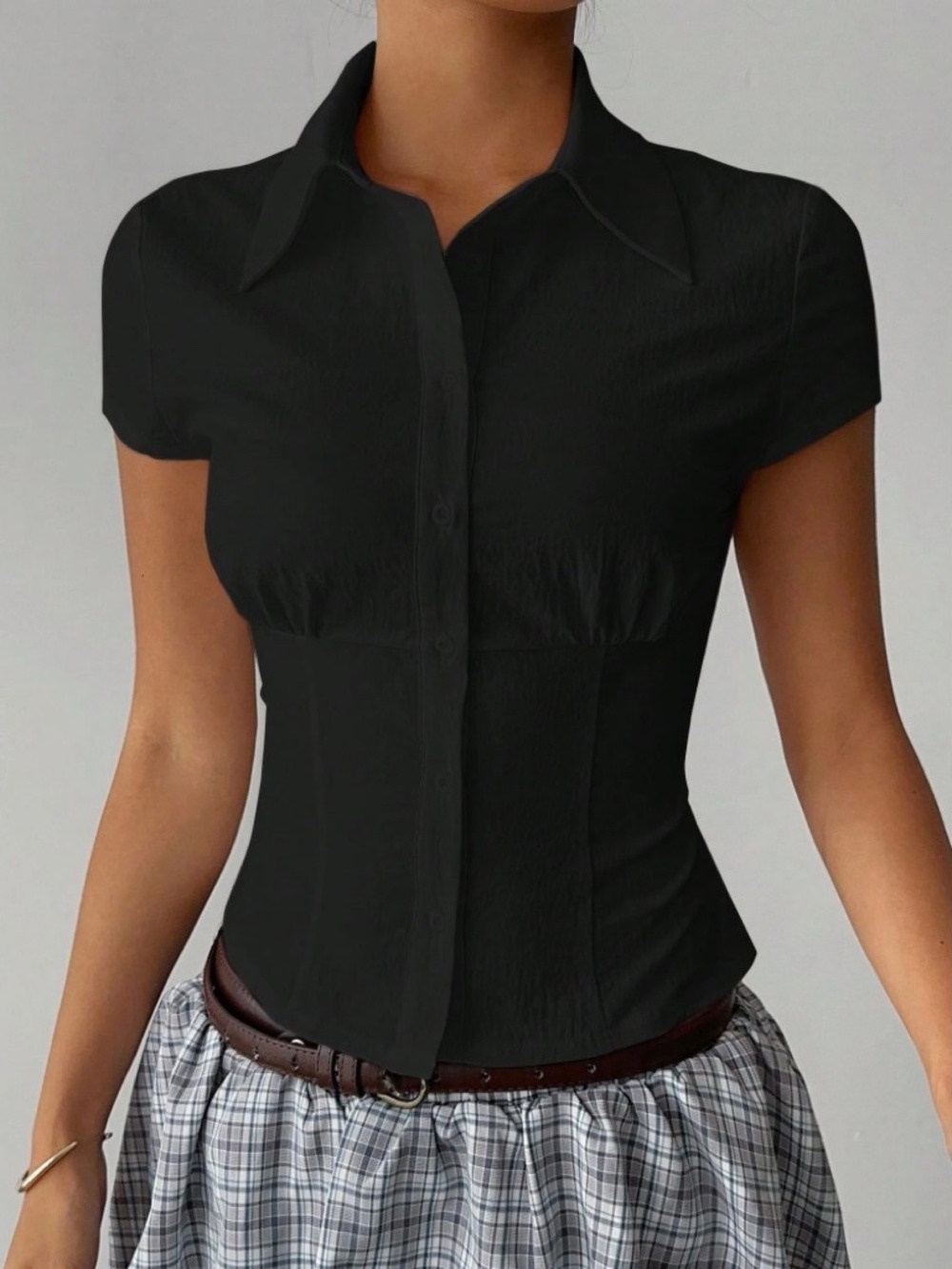 Black Fitted Button-Up Blouse with Point Collar